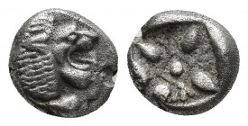 Ionia, Miletos, late 6th-early 5th century BC. AR Diobol (8,1mm, 1.3g). Forepart of a lion l., head r. R/ Stellate design within square incuse