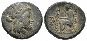 Smyrna, Ionia, AE25, 115-105 BC. 10.7g 21mm Laureate head of Apollo right / ZMYΡNAIΩN ΣAΡAΠIΩN to right and left of Homer seated left, holding scroll ...