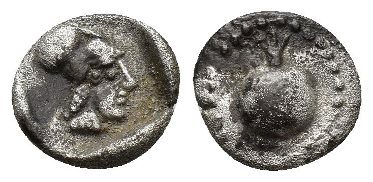 PAMPHYLIA, Side. Circa 460-430 BC. AR Obol 9.2mm, 0.9gr. Pomegranate / Helmeted ...