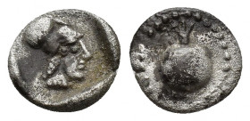 PAMPHYLIA, Side. Circa 460-430 BC. AR Obol 9.2mm, 0.9gr. Pomegranate / Helmeted head of Athena right within incuse square.