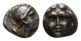 Pisidia, Selge, Obol, 1.1gr, 8mm. 350-300 BC Obverse: facing gorgoneion Reverse: head of Athena in corynthian helmet right astragalos to left