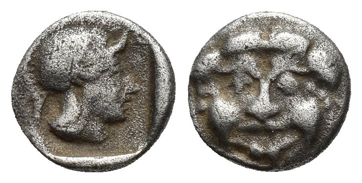 PISIDIA, Selge. Circa 350-300 BC. AR Obol 9.9mm, 1.1gr. Gorgoneion with protrudi...