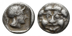 PISIDIA, Selge. Circa 350-300 BC. AR Obol 9.9mm, 1.1gr. Gorgoneion with protruding tongue./ Helmeted head of Athena right within incuse square.