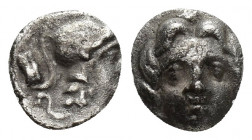 Pisidia. Selge. circa 350-300 BC. Obol AR 8.7mm., 0.9gr. Facing gorgoneion / Helmeted head of Athena right.