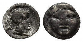 Ancient coins Pisidia - Selge AR Obol - (circa 350-300 BC) 1gr - 9.7mm. Facing Gorgoneion / Helmeted head of Athena to right.