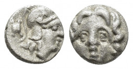 Ancient coins Pisidia - Selge AR Obol - (circa 350-300 BC) 0.5gr - 8.7mm. Facing Gorgoneion / Helmeted head of Athena to right.