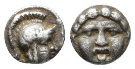 PISIDIA, Selge. Circa 350-300 BC. AR Obol 9.7mm, 1gr. Gorgoneion with protruding tongue./ Helmeted head of Athena right.