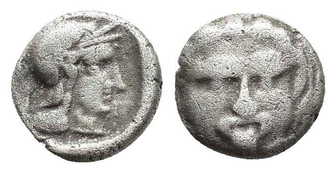 PISIDIA, Selge. Circa 350-300 BC. AR Obol 9.3mm, 0,9gr. Gorgoneion with protrudi...