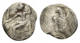 CILICIA. Uncertain. Obol (4th century BC). 0.4g 10.9mm Obv: Baaltars seated left, holding grain ear, grapes and sceptre. Rev: Eagle standing left on P...