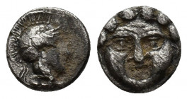 Pisidia, Selge, Obol, 1.1gr, 9.9mm. 350-300 BC Obverse: facing gorgoneion Reverse: head of Athena in corynthian helmet right