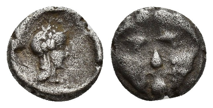Pisidia, Selge AR Obol. Circa 350-300 BC. 1.1g. 9.8 mm Facing gorgoneion with pr...