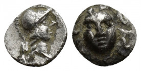 Pisidia, Selge, Obol, 0.5gr, 9.6mm. 350-300 BC Obverse: facing gorgoneion Reverse: head of Athena in corynthian helmet right