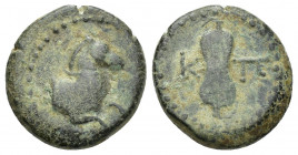 PAMPHYLIA, Aspendos. Late 4th-3rd century BC. Æ 18.3mm, 5.5gr. Forepart of horse right / Sling; K to left, monogram to right.