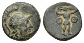 Pamphylia, Aspendos Æ 3.2g 14.7mm. Circa 400-200 BC. Helmeted head of Athena to right / Slinger standing to right; O - Θ across fields.