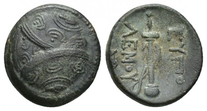 Karia, Mylasa Æ15. 315-311 BC. 3.1gr. 17.7 mm. Eupolemos, strategos. Three Maced...