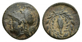 AIOLIS, Elaia. After 340 BC. Æ 11.3mm. 1.1 gr. Head of Athena left in Corinthian helmet / Grain-seed within olive-wreath.