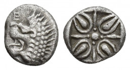 SATRAPS of CARIA. Hekatomnos. 395-377 BC. AR Twelfth Stater ­ Obol 0.96gr. 9.4mm. Milesian standard. Forepart of roaring lion left; E on bridge of nos...