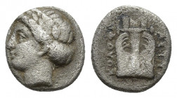 Kolophon, Ionia. AR Diobol 9.9mm. 1g. c. 375-360 BC. Obv. Laureate head of Apollo left. Rev: KOΛΟΦΩ ΠΟΣΙΣ, lyre.