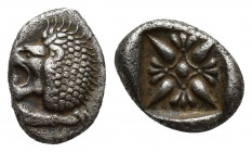 Miletos AR Obol, c. 525-475 BC Miletos, Ionia. AR Obol 8.4mm. 1.1 g. c. 525-475 BC. Obv. Forepart of lion left. Rev. Stellate pattern in incuse square...