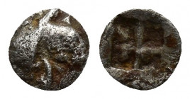 IONIA, Teos (or Phokaia). Circa 500-475 BC. AR Tetartemorion (5.6mm, 0.2 g). Head of griffin right / Quadripartite incuse square