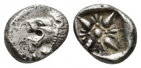 Miletos AR Obol, c. 525-475 BC Miletos, Ionia. AR Obol 10mm. 1.3 g. c. 525-475 BC. Obv. Forepart of lion left. Rev. Stellate pattern in incuse square.