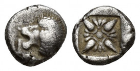 Miletos AR Obol, c. 525-475 BC Miletos, Ionia. AR Obol 8mm. 1.1 g. c. 525-475 BC. Obv. Forepart of lion left. Rev. Stellate pattern in incuse square.