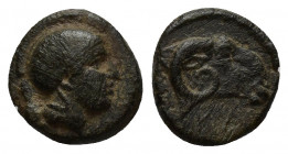 Klazomenai , Ionia, c. 4th Century BC. 1.1g. 10.2mm. Obv. Helmeted head of Athena right. Rev. Head of ram right,