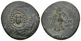 Pontos. Amisos. Time of Mithradates VI Eupator circa 120-63 BC. Bronze 24.3mm, 7.7g Aegis with Gorgon's head at center / [A]ΜΙ-ΣΟΥ, Nike advancing rig...
