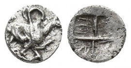 IONIA, Teos. Circa 460-420 BC. AR Hemiobol or Tritemorion (7.9mm, 0.4 g). Griffin seated right, left paw raised / Quadripartite incuse square.