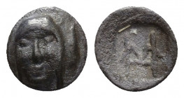 Ionia, Kolophon AR Hemiobol. Circa 450-410 BC. Facing head of Apollo / Monogram within incuse rectangle. 0.4g, 8mm