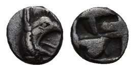 Ionia, Teos. Ca. A.D. 500-475 B.C. AR tetartemorion (6 mm, 0.1 g). Head of gryphon right / Quadripartite incuse square