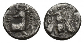 Ionia. Ephesos circa 390-325 BC. Diobol AR 8.4 mm., 0.9 g. Bee / EΦ, confronted heads of stags.