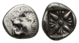 Ionia, Miletos, late 6th-early 5th century BC. AR Diobol (9.3mm, 1.2g). Forepart of a lion r., head l. R/ Stellate design within square incuse.