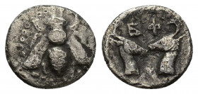 Ionia. Ephesos circa 390-380 BC. Obol AR 11.1mm., 1g. Bee, E-Φ flanking / Forepart of stag right, E-Φ flanking, all within incuse circle.