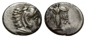 MYSIA. Pergamum. Ca. early 3rd century BC. AR diobol (9.9mm, 1.4g). NGC VF. Ca. 310-282 BC. Head of Heracles right, wearing lion skin headdress, paws ...