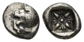 Ionia, Miletos, late 6th-early 5th century BC. AR Diobol (8.6mm, 1.1g). Forepart of a lion r., head l. R/ Stellate design within square incuse.
