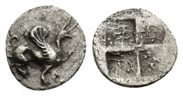 Ionia, Teos AR Obol. Circa 500-460 BC. Griffin seated right / Quadripartite incuse square 0.3g, 9.2mm