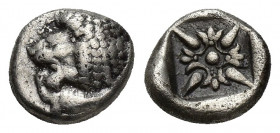 Ionia, Miletos, late 6th-early 5th century BC. AR Diobol (8.1mm, 1.1g). Forepart of a lion r., head l. R/ Stellate design within square incuse.