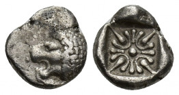 Ionia, Miletos, late 6th-early 5th century BC. AR Diobol (9.2mm, 1.2g). Forepart of a lion r., head l. R/ Stellate design within square incuse.