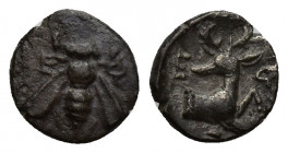 Ionia. Ephesos circa 390-380 BC. Obol AR 8.6mm., 0,8g. Bee, E-Φ flanking / Forepart of stag right, E-Φ flanking, all within incuse circle.