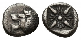 Ionia, Miletos, late 6th-early 5th century BC. AR Diobol (9mm, 1.3g). Forepart of a lion r., head l. R/ Stellate design within square incuse.