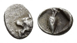 Greek Coins , AR 0.1gr, 5.3mm. Obv: Lion head left, Rev: Unidentified item incuse square