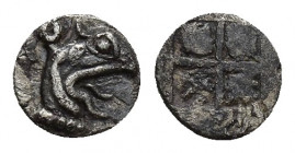 IONIA, Teos (or Phokaia). Circa 500-475 BC. AR Tetartemorion (6.1mm, 0.3 g). Head of griffin right / Quadripartite incuse square
