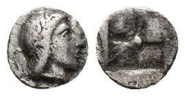 Ionia, Kolophon. Ca. 500-460 B.C. AR hemiobol (7.40 mm, 0.3 g). Laureate head of Apollo right / Quadripartite incuse square.