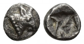 Asia Minor. Uncertain mint circa 530-480 BC. Hemiobol or Tetartemorion AR 7.5mm., 0,4g. Head of bull or calf right / Quadripartite incuse square.