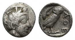 ATTICA, Athens. 449-420 BC. AR Obol (8.1mm, 0.6 g). Helmeted head of Athena right / ΑΘΕ Owl standing right, head facing; olive leaf behind.