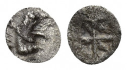 Ionia, Teos. Ca. A.D. 500-475 B.C. AR tetartemorion (6.3 mm, 0.1 g). Head of gryphon right / Quadripartite incuse square