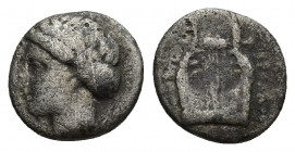 BC Kolophon, Ionia. AR Diobol (9.8 mm, 1 g), c. 375-360 BC. Obv. Laureate head of Apollo left. Rev: lyre.