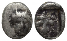 Karia, Idyma AR Drachm. Late 5th-early 4th century BC. 3.6g 13.8mm Facing head of Pan / Ι-Δ-ΥΜΙ-Ο-Ν Fig leaf within incuse square.