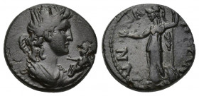 PHRYGIA. Synnada. Pseudo-autonomous (2nd century). Ae. 4.4g. 16.6mm. Obv: Turreted and draped bust of Tyche right; reclining figure to right. Rev: ϹVΝ...